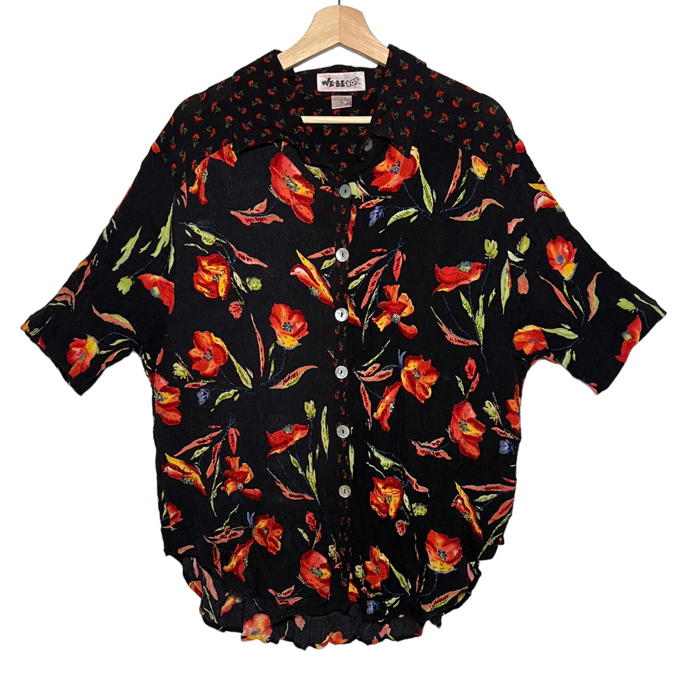 We Be Bop 1X Floral Crinkle Gauzy Sequins Top Short Sleeve Button Up Shirt Plus